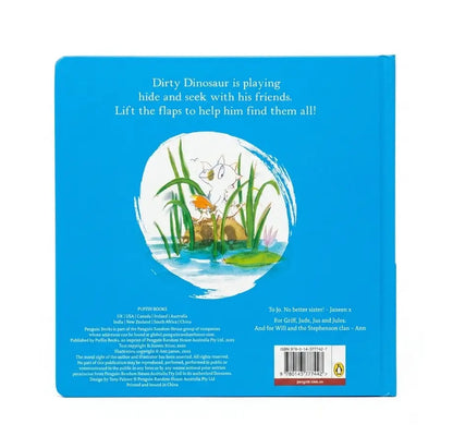 The back cover of a children's book titled 'Dirty Dinosaur' showing a bright blue background with white text, a central illustration of a white cat in tall green grass by a pond, and a small barcode at the bottom right.