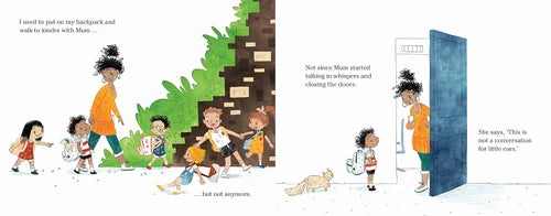 Illustration of children and adults with a door labeled 'ELLIS' on a white background