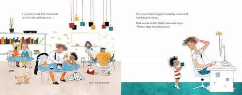 Illustrated book page with a child and adult at a desk, and another scene with people in a cafe.