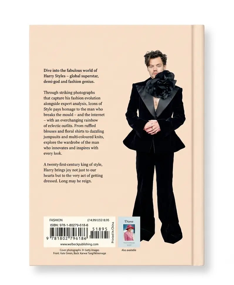 The back cover of a book featuring a beige background, with a full-length photo of a man in a black outfit on the right side and descriptive text on the left.