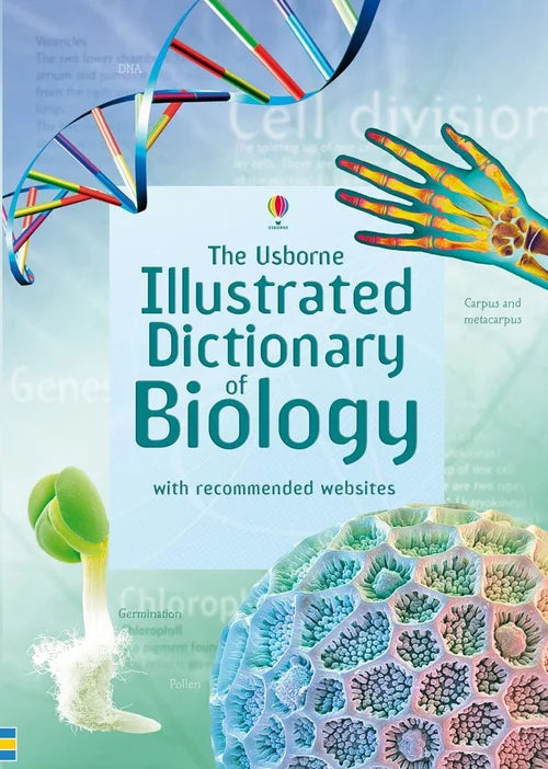 Book cover of 'The Usborne Illustrated Dictionary of Biology' with biological illustrations on a light blue background.