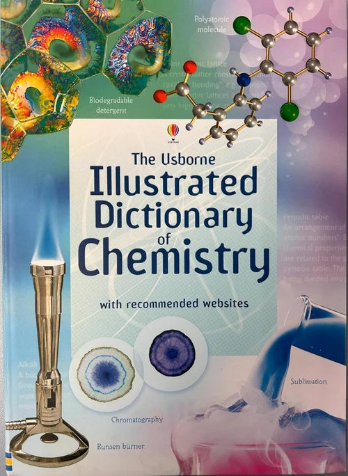 Book cover of 'The Usborne Illustrated Dictionary of Chemistry' with scientific illustrations.