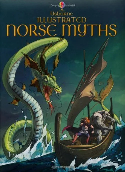 Book cover of 'Illustrated Norse Myths' with a dragon and characters in a boat on a dark blue background.