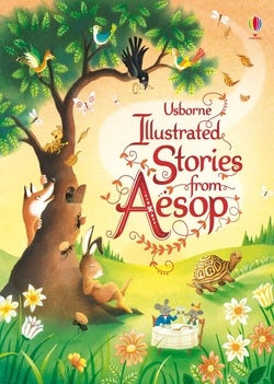 Book cover of 'Illustrated Stories from Aesop' with a colorful illustration of animals and trees.