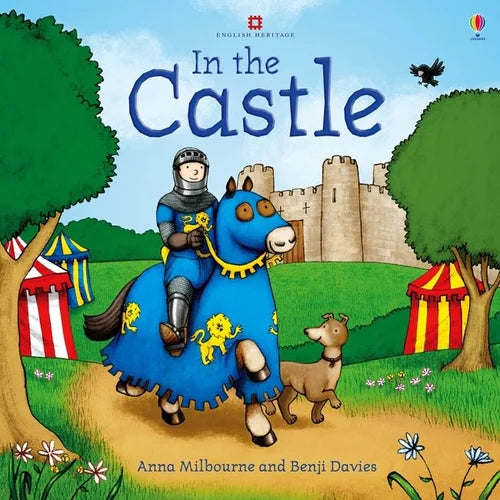 Book cover of 'In the Castle' with a knight on a blue horse, castle, and tents.