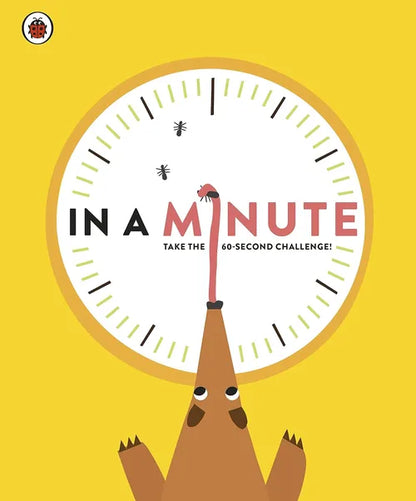 Book cover of 'In a Minute' with a cartoon bear and clock design on a yellow background