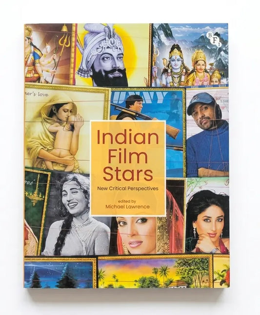 A book titled "Indian Film Stars: New Critical Perspectives" edited by Michael Lawrence, featuring a colorful collage cover with portraits of famous Indian cinema figures.
