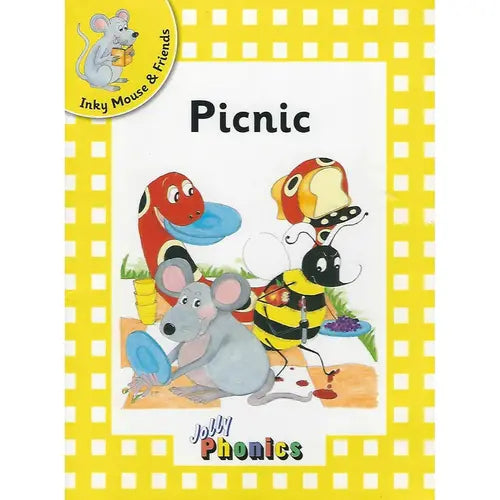 Book cover of 'Picnic' featuring cartoon characters on a yellow checkered background