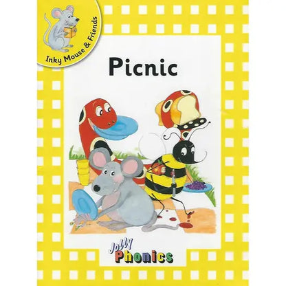 Book cover of 'Picnic' featuring cartoon characters on a yellow checkered background