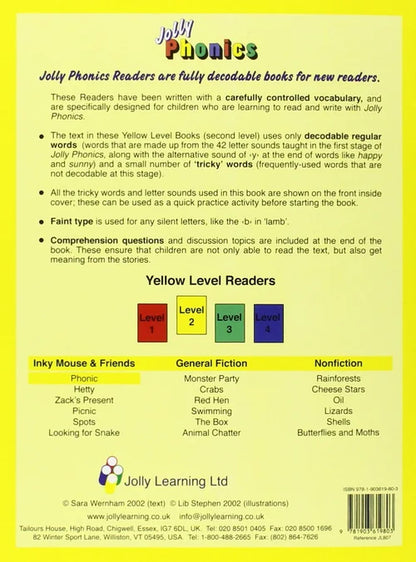 Back cover of a Jolly Phonics reader with text and a color chart on a yellow background