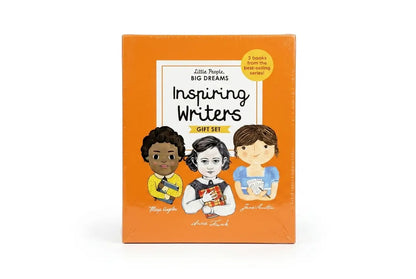 Gift set for inspiring writers with three illustrated characters on an orange background