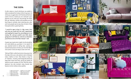 Collage of various sofas in different colors and styles with text on a white background.