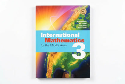 Book titled 'International Mathematics for the Middle Years 3' with colorful cover design on a white background