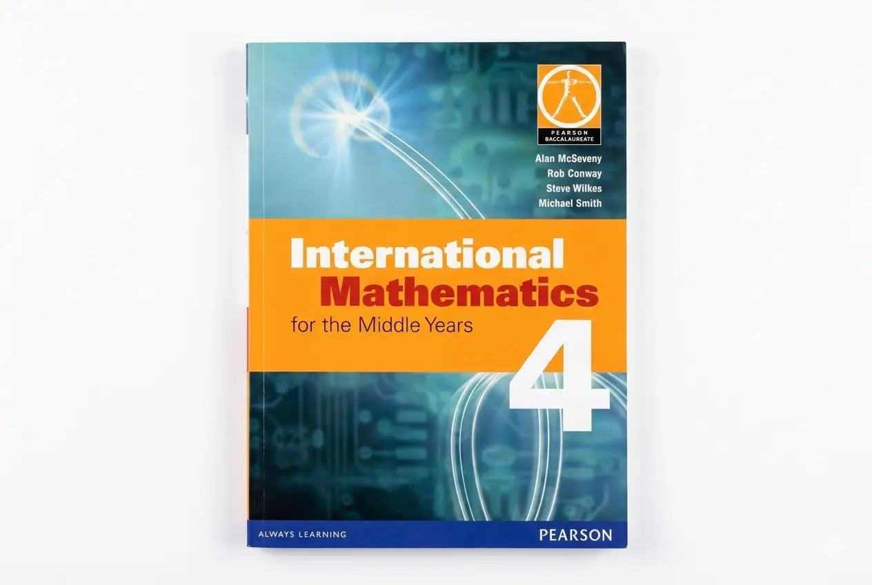Book titled 'International Mathematics for the Middle Years 4' by Pearson on a white background