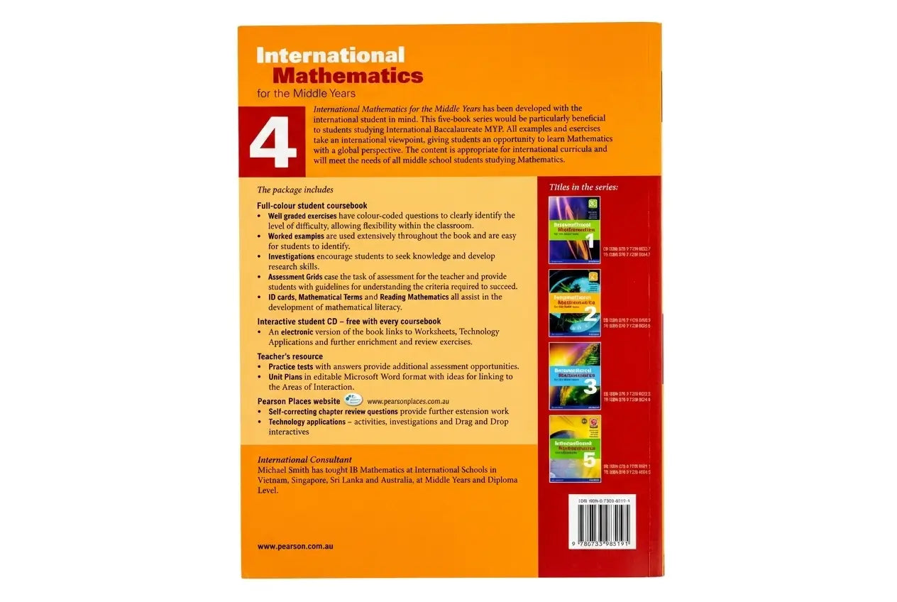 Back cover of a mathematics textbook with text and a barcode on an orange background