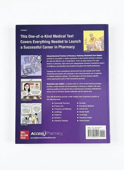 The back cover of a McGraw Hill Access Pharmacy medical text book, featuring a purple background with white text, cartoon illustrations, and a barcode.