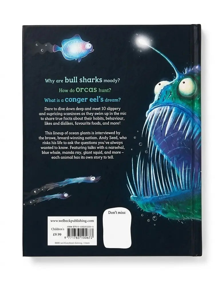 The back cover of the children's book 'Why are bull sharks moody?' by Whiskers & the Whiskers Club, published by Weasel Publishing. The cover features a dark space-like background with a large, colorful blue and green goby fish on the right, a smaller blue fish on the upper left, and descriptive text on the left side.