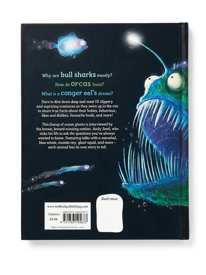 The back cover of the children's book 'Why are bull sharks moody?' by Whiskers & the Whiskers Club, published by Weasel Publishing. The cover features a dark space-like background with a large, colorful blue and green goby fish on the right, a smaller blue fish on the upper left, and descriptive text on the left side.