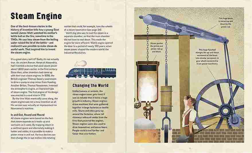 Illustrated book page about steam engines with text and diagram