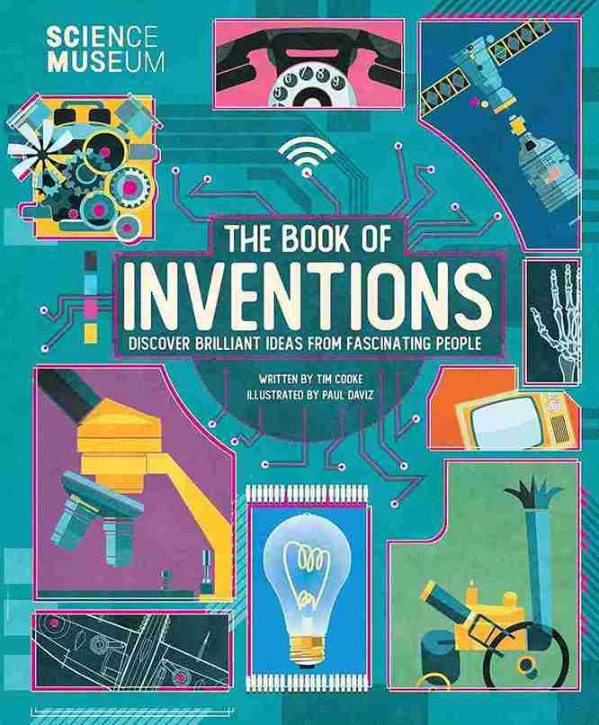 Book cover of 'The Book of Inventions' with colorful illustrations and text on a blue background.