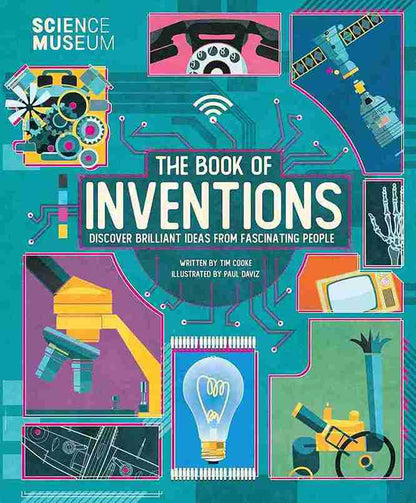 Book cover of 'The Book of Inventions' with colorful illustrations and text on a blue background.