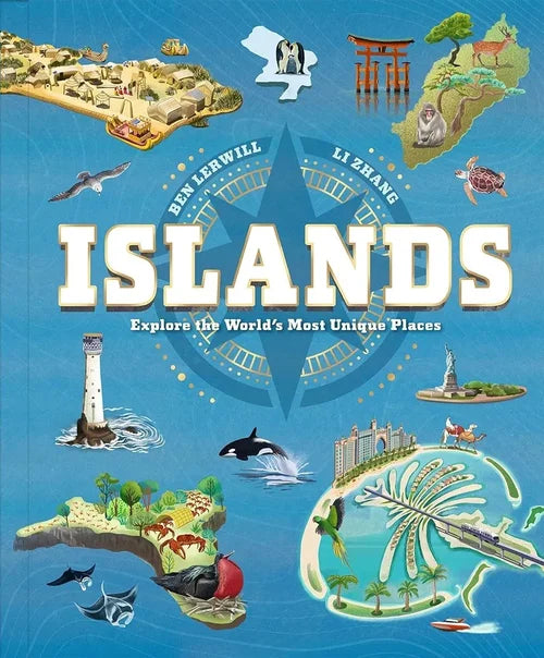 Book cover of 'Islands' with illustrations of various islands and landmarks on a blue background.