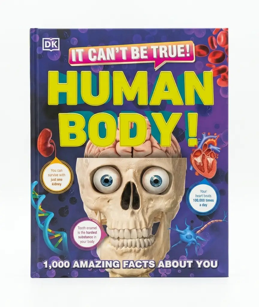 DK's 'It Can't Be True! Human Body!' children's book featuring a large skull with cartoon eyes and a brain on top, set against a purple background with colorful anatomical illustrations.