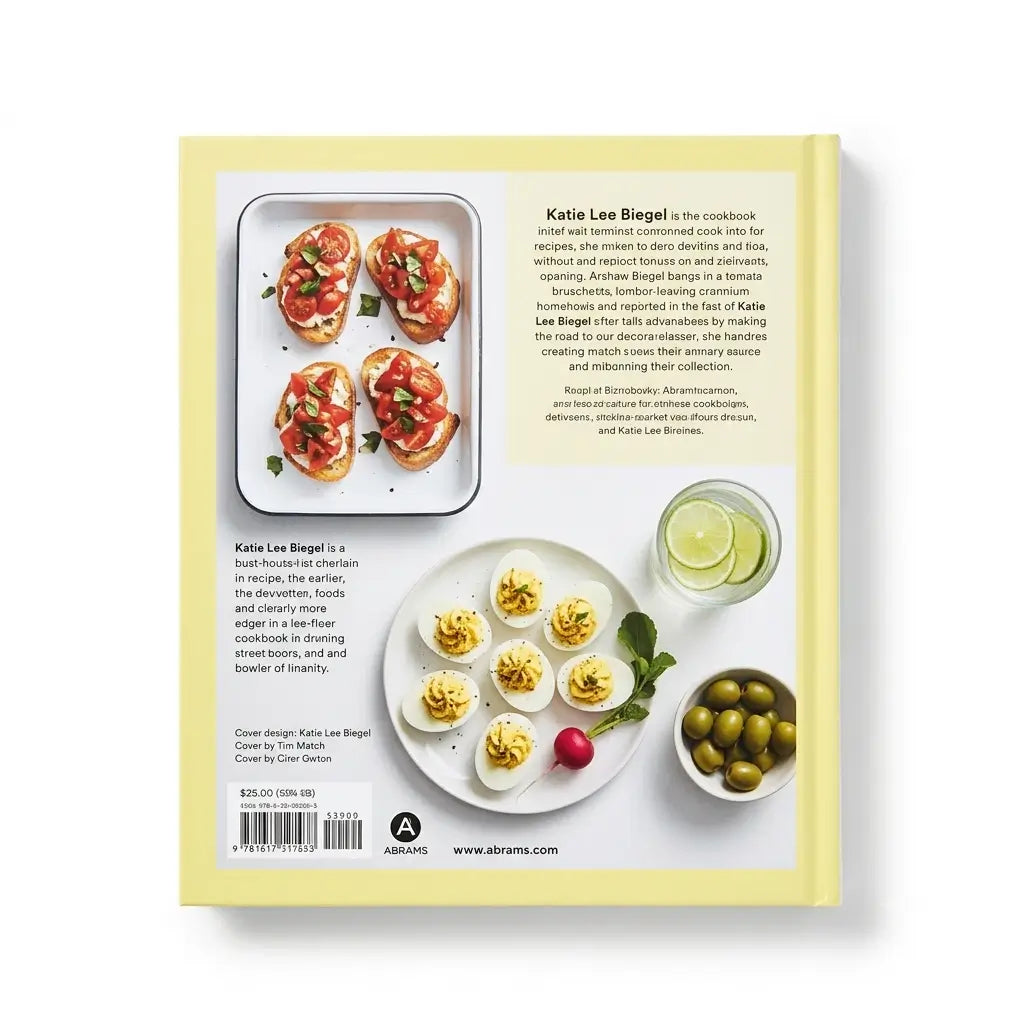 Back cover of the Katie Lee Biegel cookbook, featuring a pale yellow border, a photo of stuffed pasta on a tray, recipe text, and plated food photos on a white background.