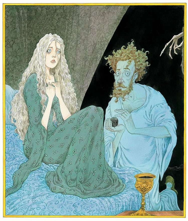 Illustration of a mermaid and a bearded man in a mystical setting with a gold goblet on a table.