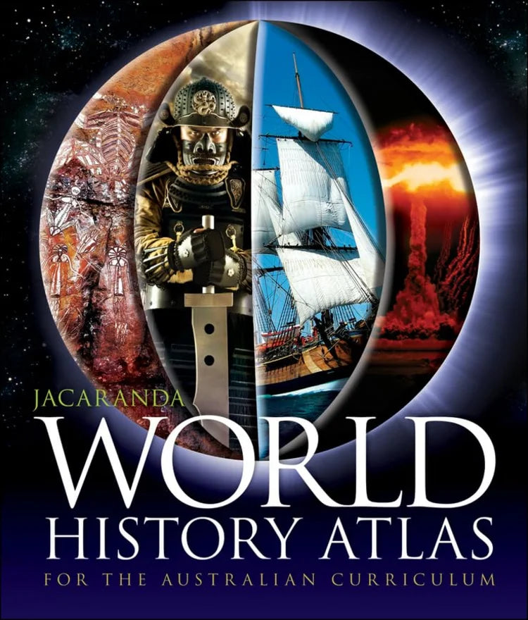 Cover of Jacaranda World History Atlas for the Australian Curriculum with historical images and text.