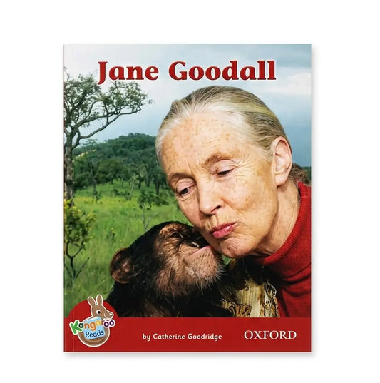 Children's book cover titled 'Jane Goodall' with a photo of Jane Goodall and a chimpanzee on the cover, published by Oxford. The book is shown against a plain white background.