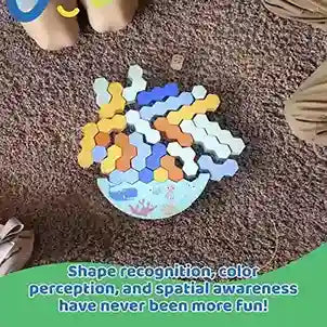 Children's educational toy with colorful shapes on a carpeted floor.
