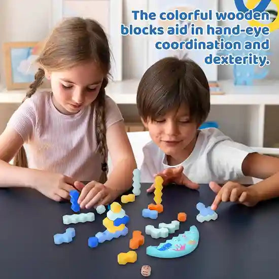 Two children playing with colorful wooden blocks at a table.