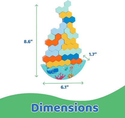Colorful geometric puzzle with dimensions labeled on a white background