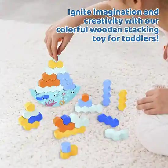 Colorful wooden stacking toy for toddlers on a soft surface with text promoting imagination and creativity.