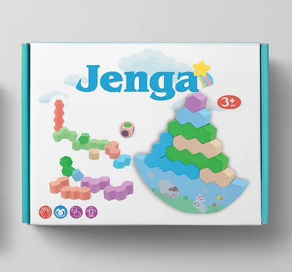 Jenga toy set packaging with colorful blocks and a tower on a white background