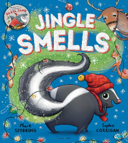 The cover of the children's book 'Jingle Smells' featuring a playful cartoon dog wearing a Santa hat, surrounded by festive Christmas elements like snowflakes and ornaments.