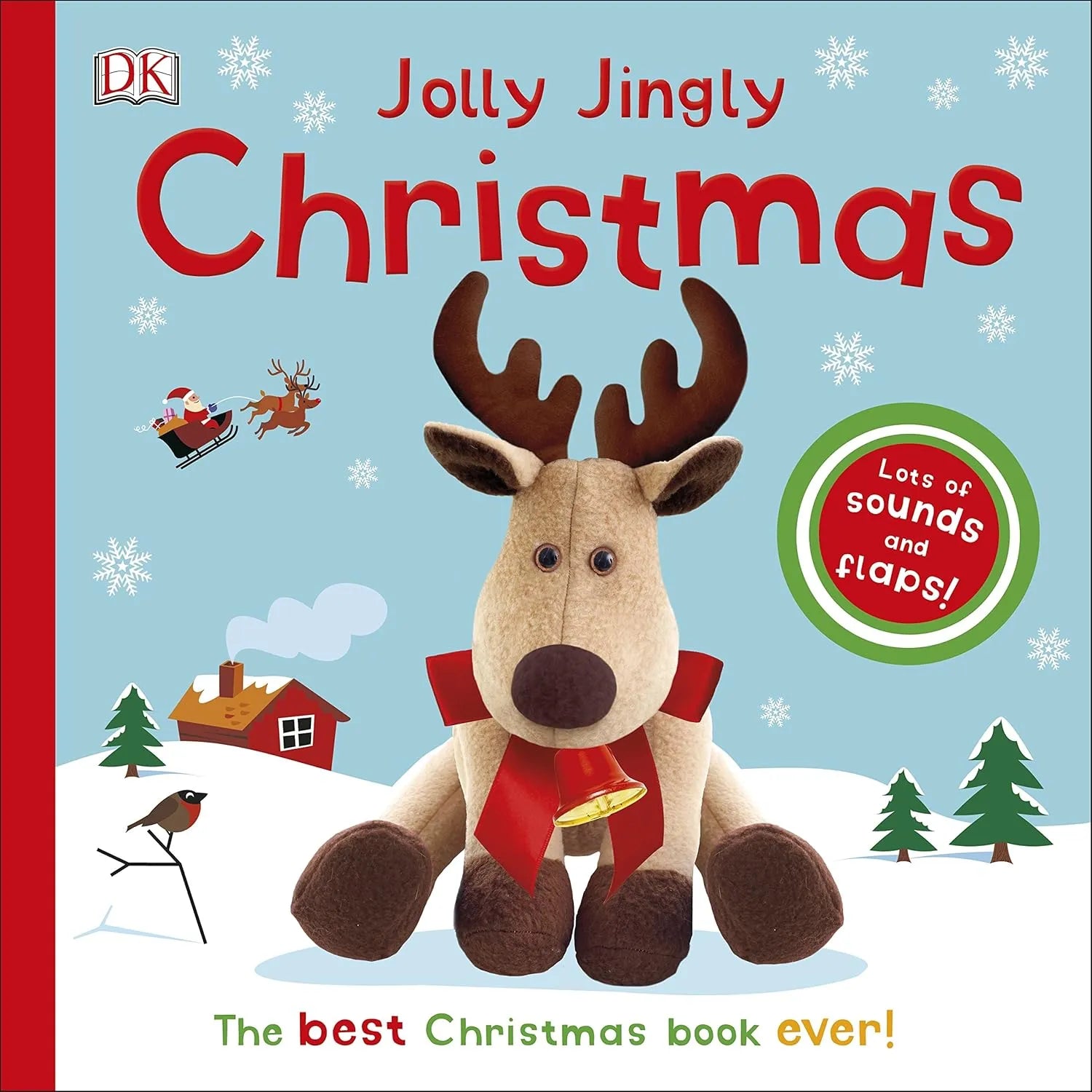 Book cover of 'Jolly Jingly Christmas' with a reindeer toy on a snowy background.