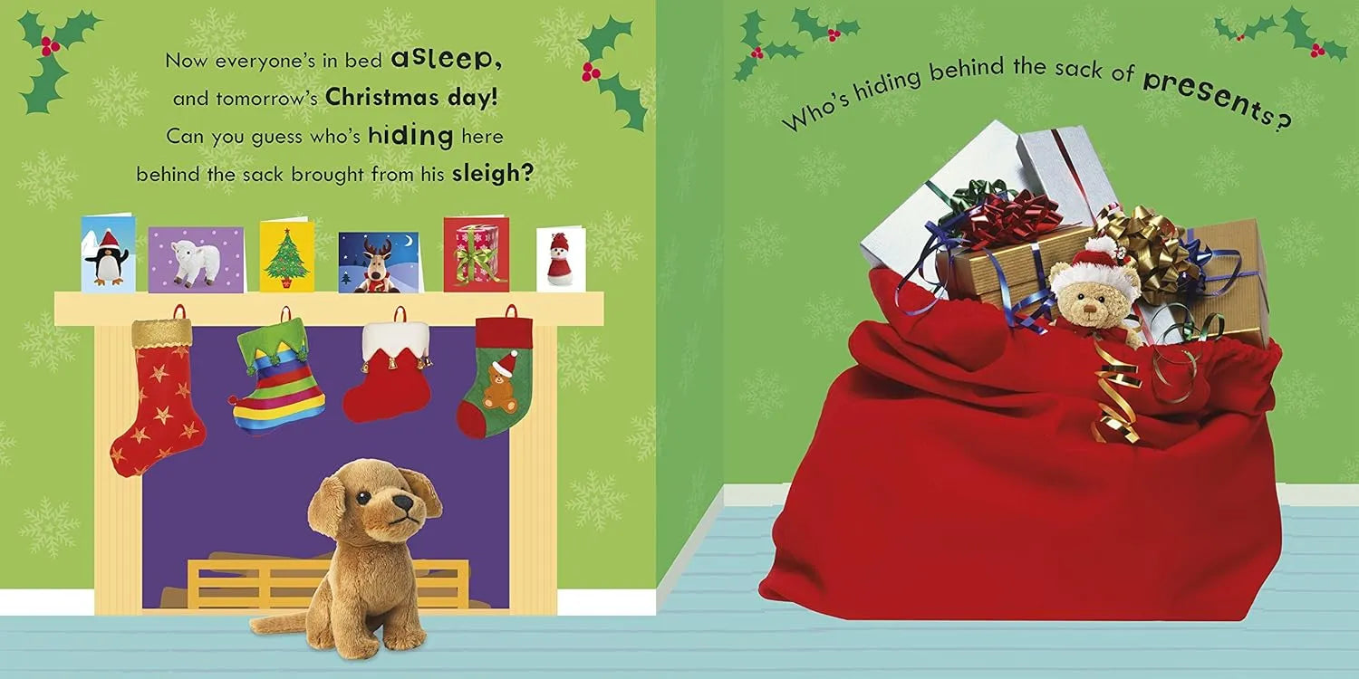 Illustration of a Christmas scene with stockings, a dog, and a sleigh with presents.