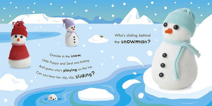 Illustration of a snowman with a question about who is sliding behind it, set against a snowy landscape.