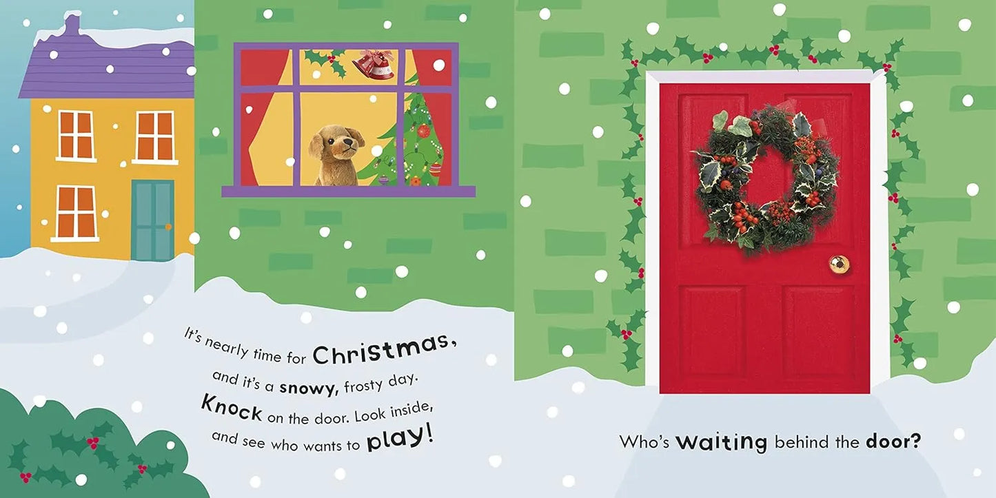 Illustration of a house with a red door and wreath, a dog looking out a window, and text about Christmas.