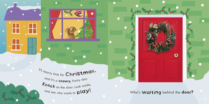 Illustration of a house with a red door and wreath, a dog looking out a window, and text about Christmas.