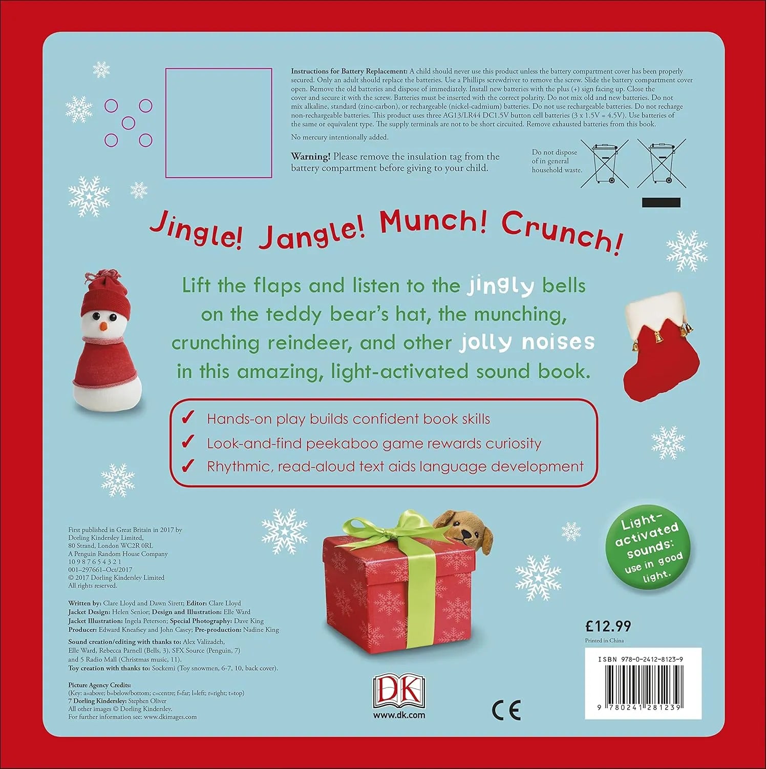 Back cover of a children's book with Christmas-themed illustrations and text.