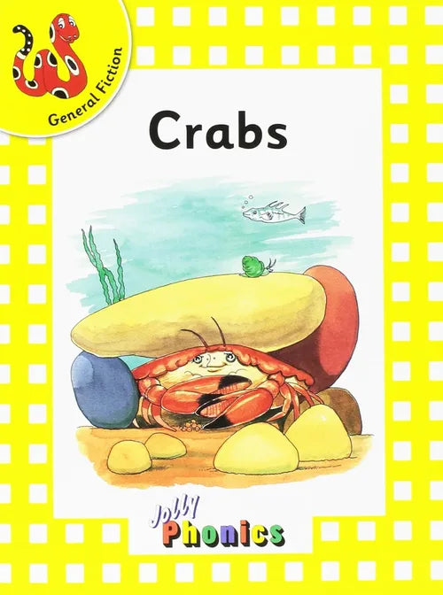 Book cover of 'Crabs' with a colorful illustration of a crab and yellow border.