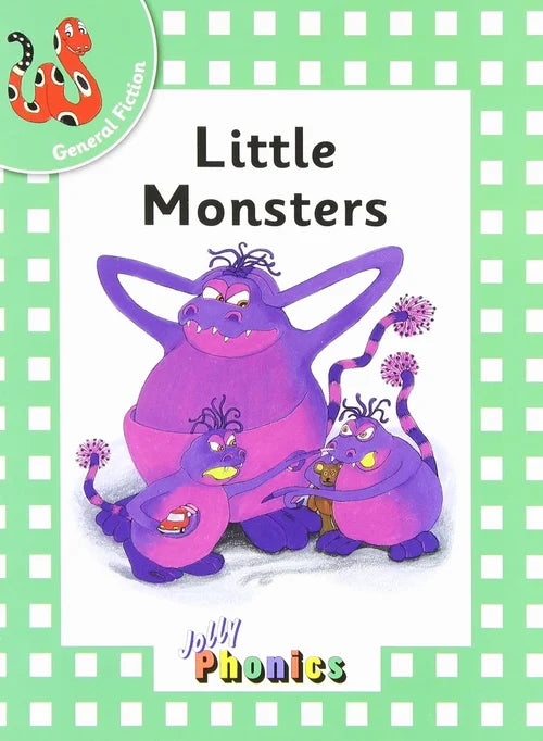 Book cover of 'Little Monsters' with cartoon monsters and green checkered border