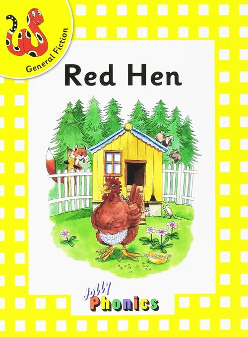 Book cover of 'Red Hen' with a yellow border and illustration of a hen and a house.