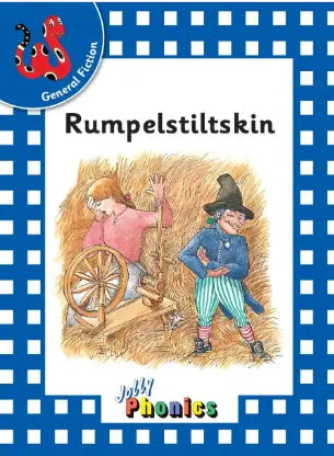 Book cover of 'Rumpelstiltskin' with illustrations of a woman and a man in a blue checkered border.