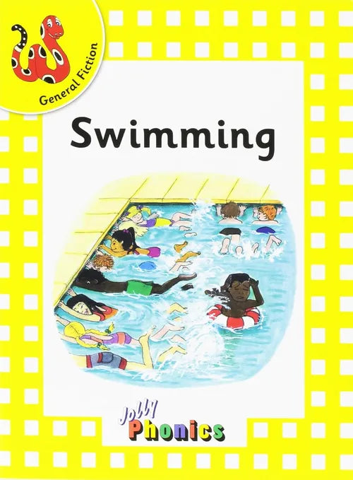 Book cover of 'Swimming' from Jolly Phonics with a yellow border and pool illustration.