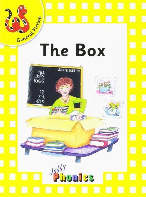 Book cover of 'The Box' with a child at a desk and a blackboard, on a yellow checkered background.