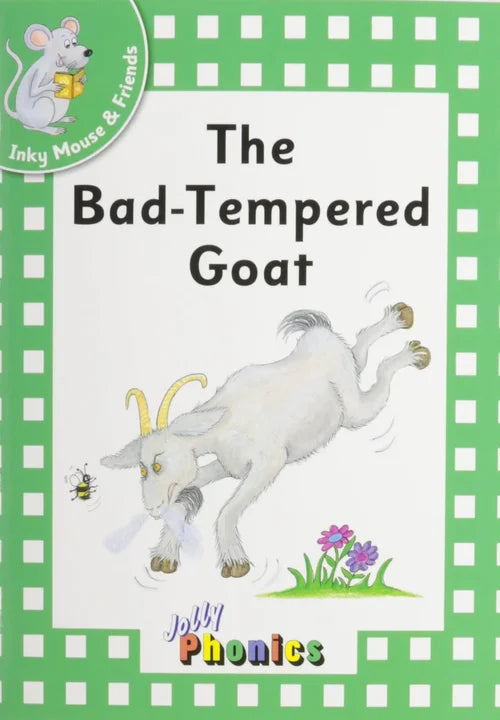 Book cover of 'The Bad-Tempered Goat' with a goat illustration and green checkered border.